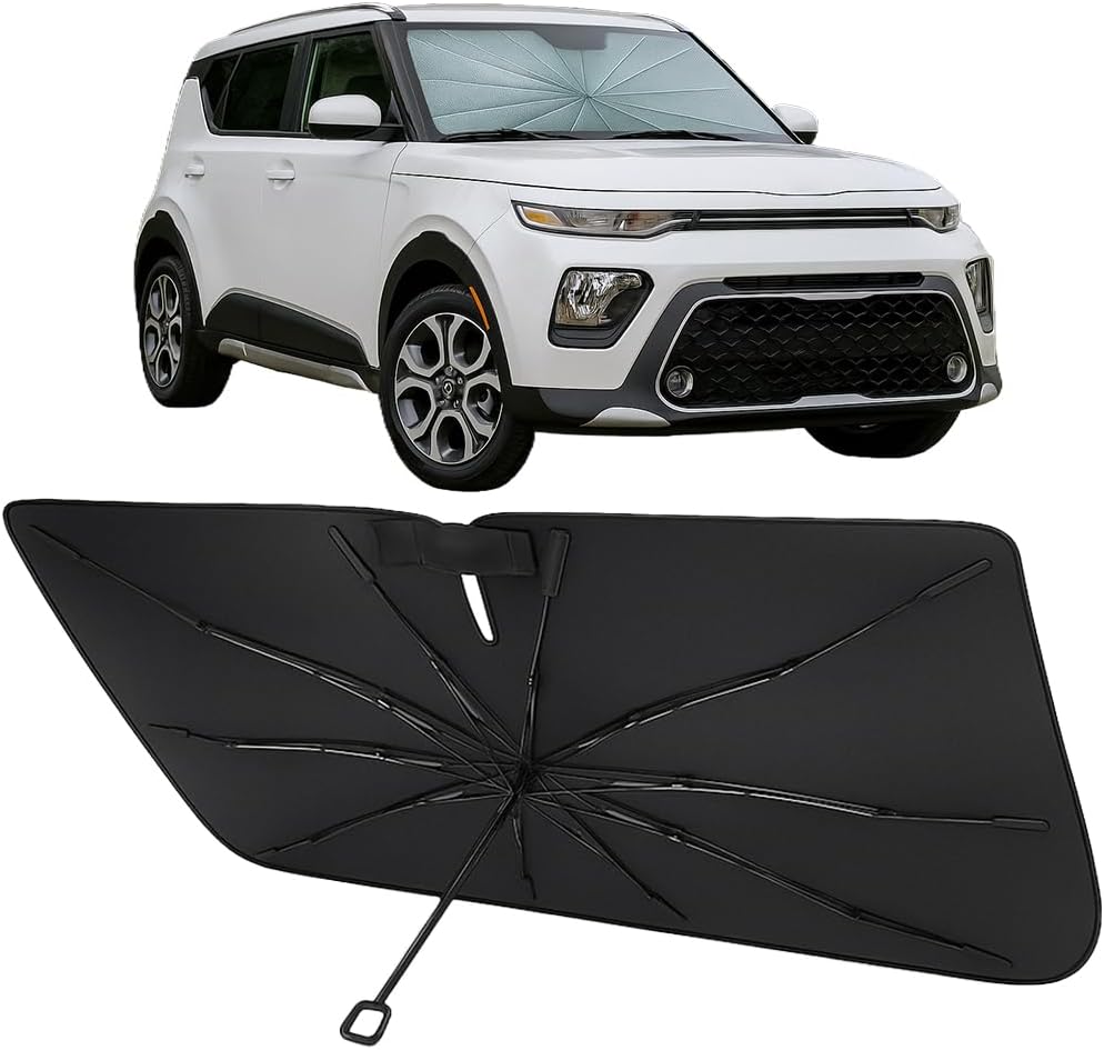 Proadsy Windshield Sun Shade Umbrella for Kia Soul 2020-2025 2026 Foldable Car Umbrella Sunshade with Soft TPU Handle Spring Structure Crystal Cooling Material Protect Car from Rays & Heat