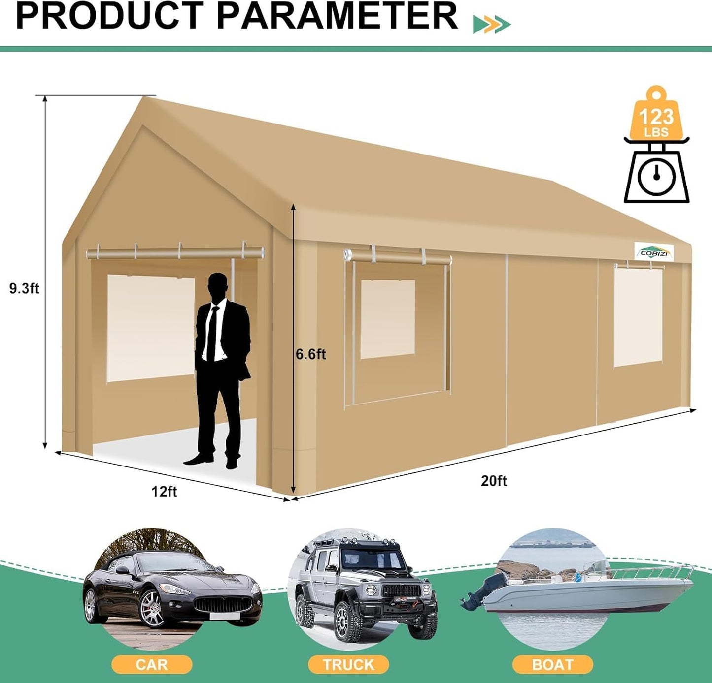 COBIZI Carport 12x20ft Heavy Duty Portable Garage, 2.0 Powder Coated Frame(Better Than Galvanized), Waterproof Shelter with Removable Sidewalls & Windows, Built-in Sandbags, for Car/Boat/SUV, Khaki