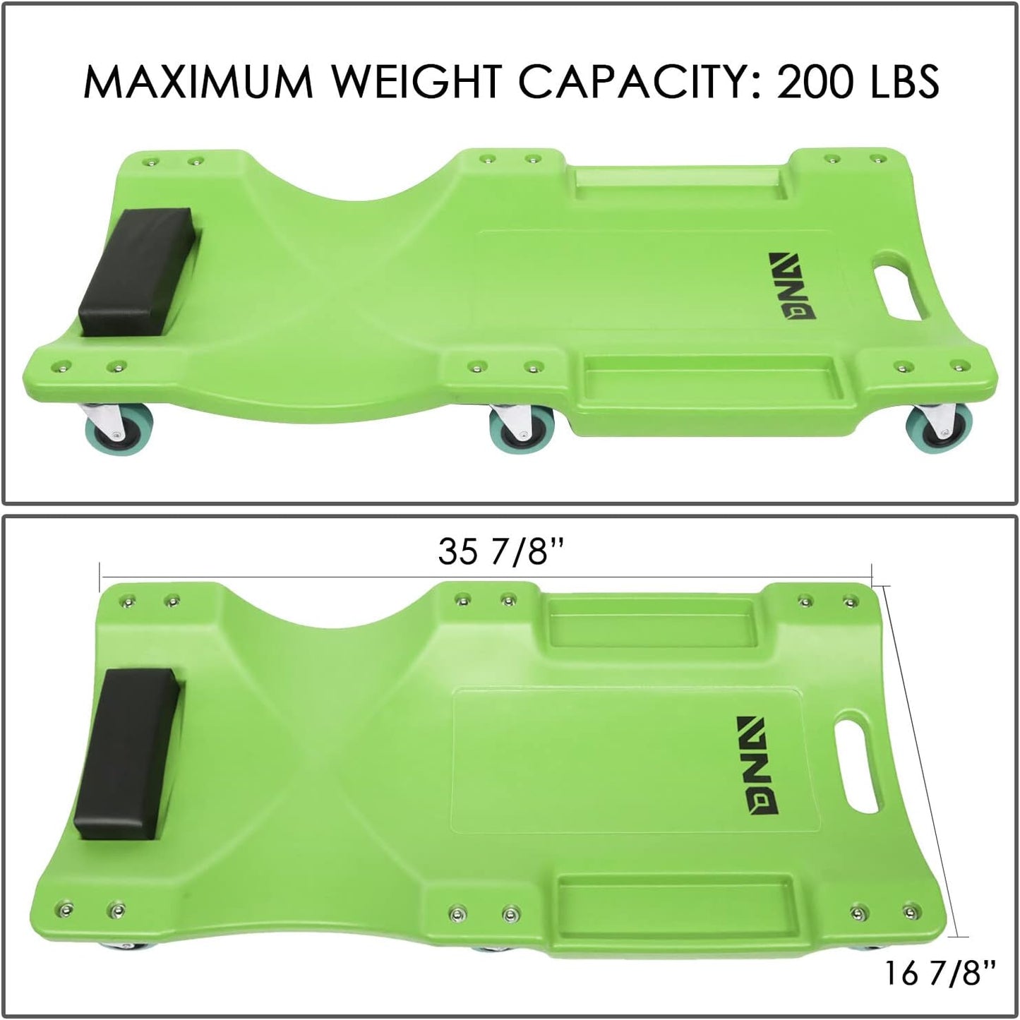 DNA MOTORING 40Inch Low Profile Plastic Rolling Garage Shop Creeper with Padded Headrest,Tool Trays & 6pcs Casters,Green, TOOLS-00218