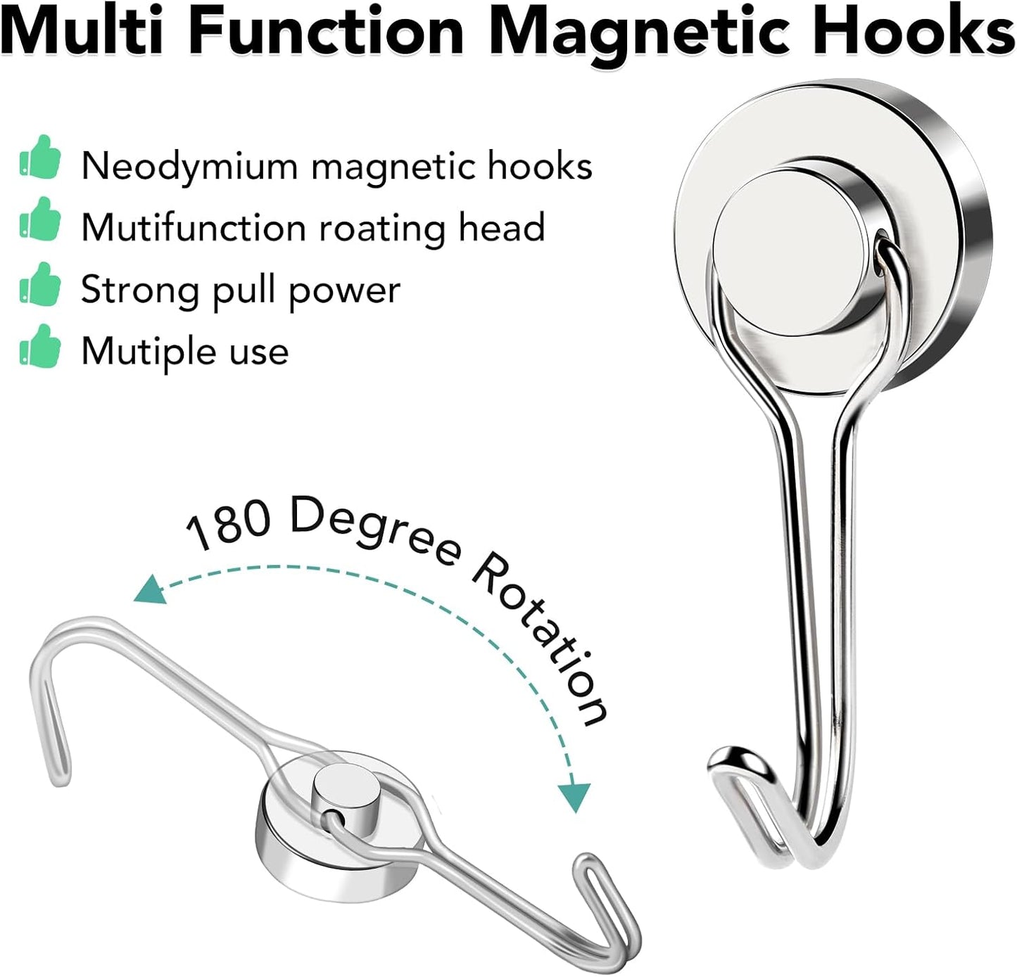 MIKEDE Magnetic Hooks, 40Lbs Heavy Duty Neodymium Magnet Hooks Magnetic Swivel Hooks for Hanging, 10 Pack Rust Proof Strong Magnets with Hook Magnetic Metal Hanger for Fridge, Toolbox, Storage