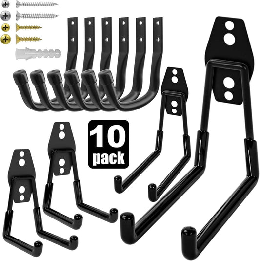 10-Pack Heavy Duty Garage Wall Hooks – Utility J Hooks for Hanging Ladders, Bikes, Garden Tools, Hose, with Anti-Slip Coating (Black*10)