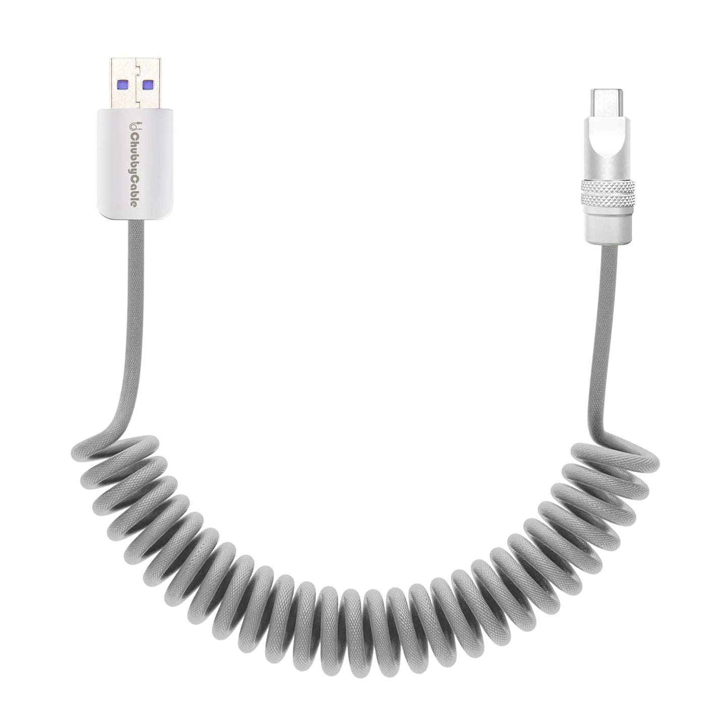 chubbycable Curly Chubby - Retractable Fast Charging Cable 240W Coiled Charger Cord for Car Durable USB-C Cable for Phones, Tablets and More, Gray, USB-A to Type-C, 1.3FT-2.3FT