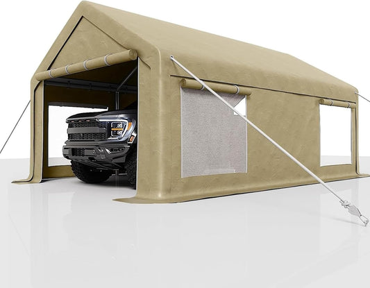 12 x 20FT Heavy Duty Carport with Roll-Up Windows, Portable Garage with Removable Sidewalls & Doors, Portable Car Tent Garage with Roll-Up Windows and All-Season Tarp, for Car, Truck,