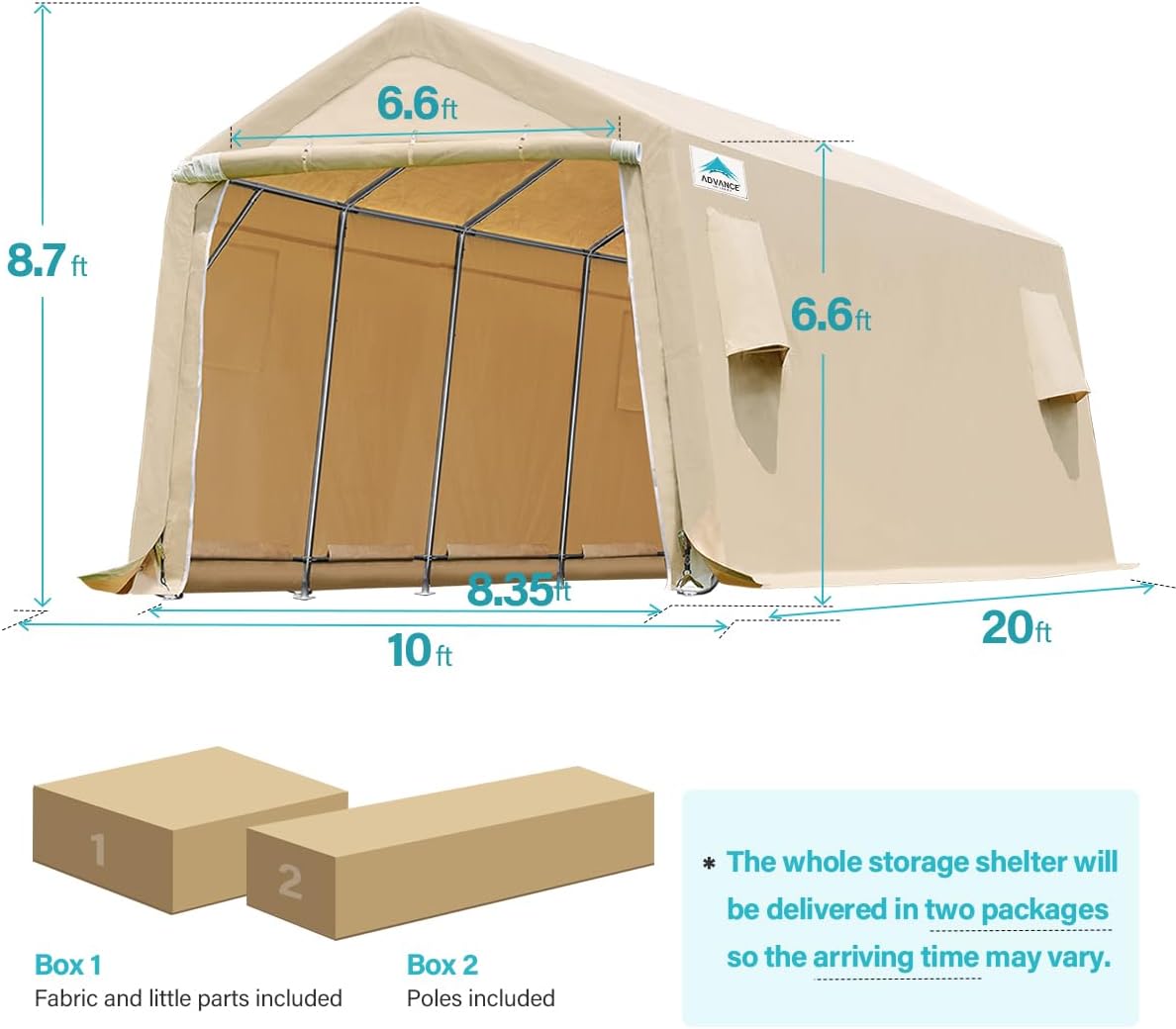 ADVANCE OUTDOOR Heavy Duty 10X20 ft Carport Outdoor Patio Portable Canopy Storage Shelter Shed with 2 Rolled up Zipper Doors & Vents for Snowmobile Garden Tools, Beige