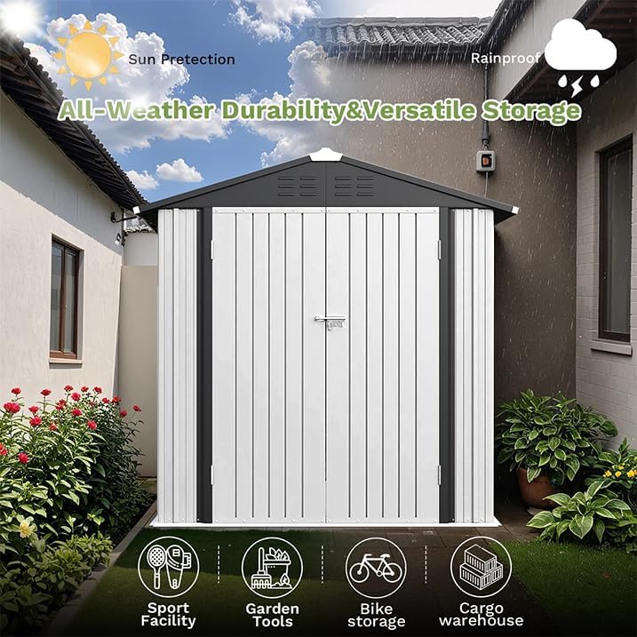 Greesum 6×4FT Outdoor Storage Shed, Metal Patio Storaged Sheds with Lockable Doors, Sheds & Outdoor Storage for Bike, Backyard, Pool and Garden, White