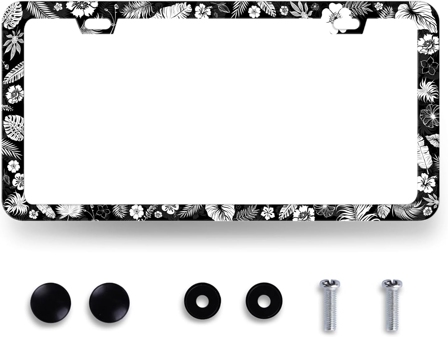 Tropical Flowers Leaves License Plate Frame Hawaiian Hibicus License Plate Holder Stainless Steel Front and Rear Car Tags Auto Parts Colorful License Plate Women Decoration with Screws 12.2" x 6.2"