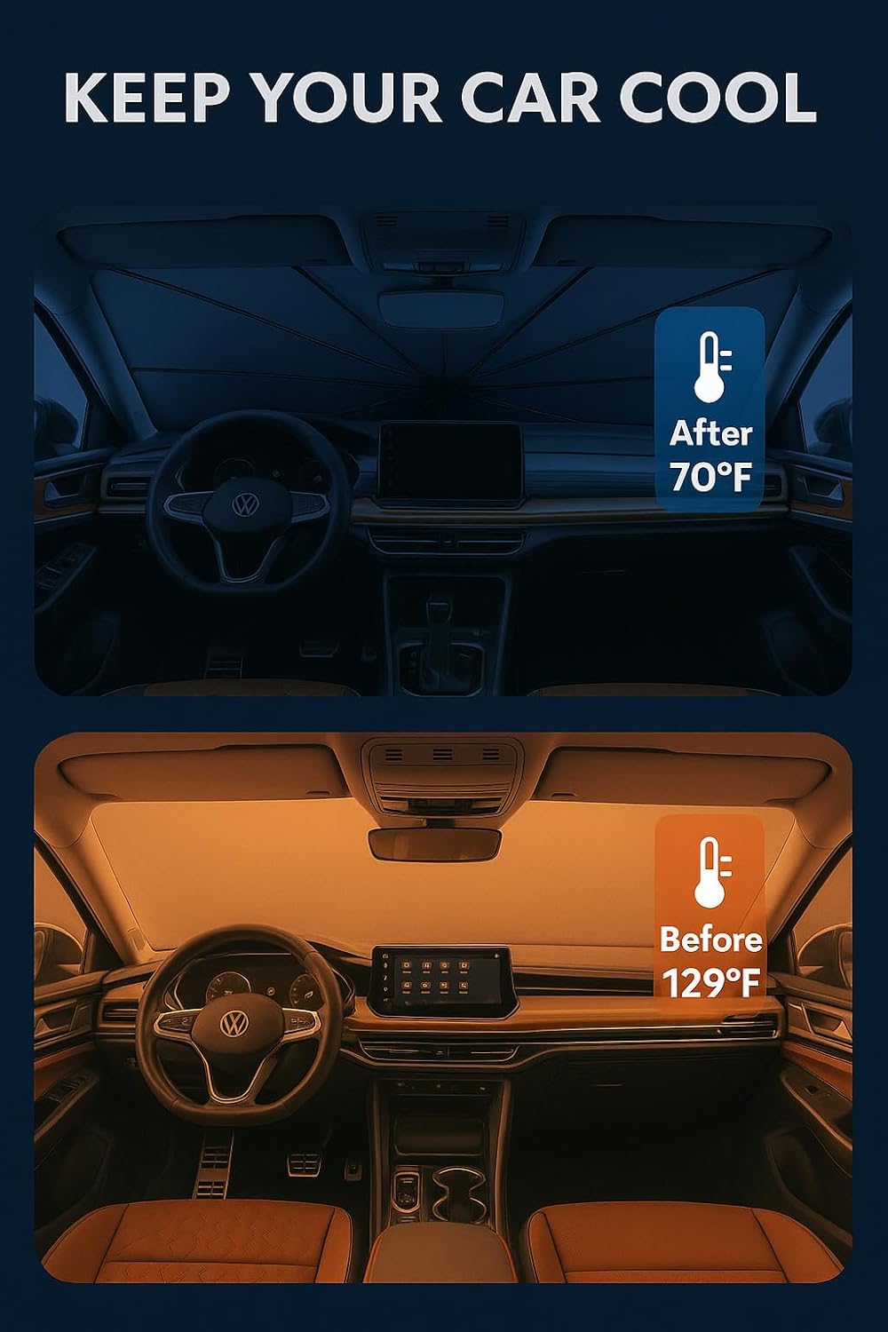 Proadsy Windshield Sun Shade Umbrella for Volkswagen Tiguan 2024-2025 2026 Foldable Car Umbrella Sunshade with Soft TPU Handle Spring Structure Crystal Cooling Material Protect Car from Rays & Heat