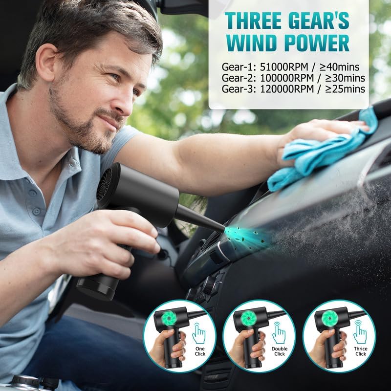 Electric Air Duster & Blower, 120,000RPM Compressed Air Duster for PC/Keyboard/Car, 7600mAh Rechargeable, 3-Speed LED Fan, No Canned Air - Keyboard Cleaner, Turbo Fan, PC Cleaning Kit