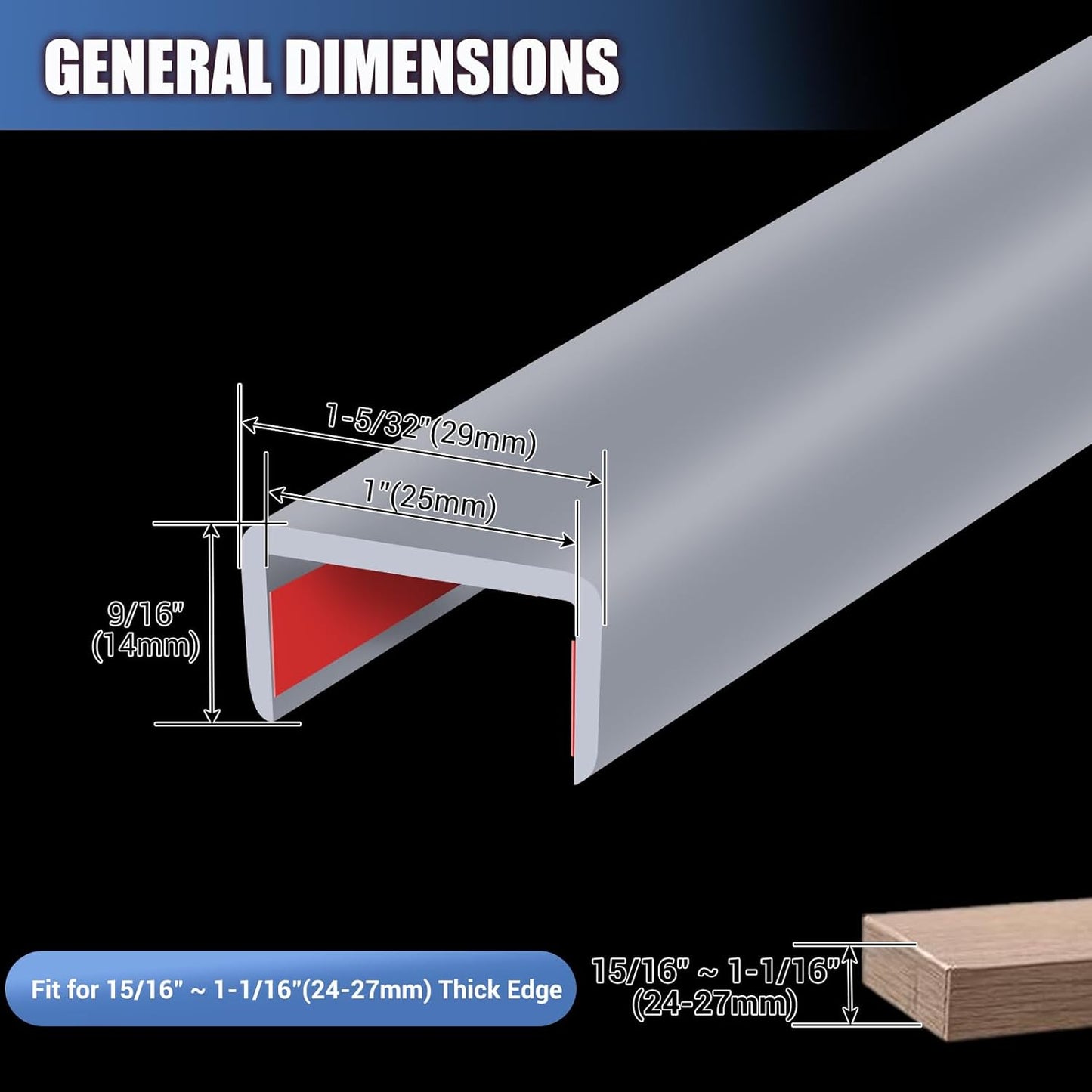 Rubber Edge Trim, Flexible Self Adhesive U Shaped Edge Banding, 1"(25mm) U Channel Furniture(Cabinet, Drawer, Desk, Table, Counter Top) Edge Protector, Edge Guards for Woods, 20Ft, Grey