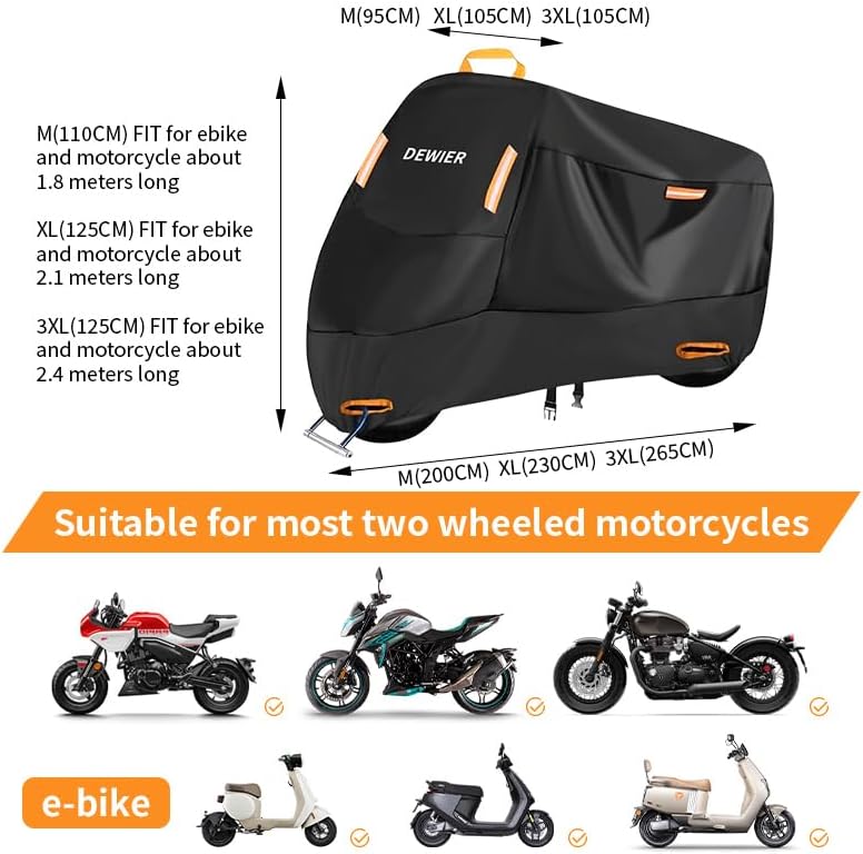 Motorcycle Cover Waterproof Outdoor, 420D Heavy Duty, 3XL95in, All Season Protection, Windproof Clasps, Storage Bag, Night Reflective Design, Fits Motorcycles, 1-2 Bikes Ebikes