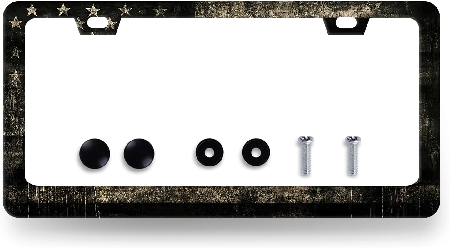 Vintage American Flag License Plate Frame USA Flag License Plate Holder Stainless Steel Funny Design with 2 Holes and Screws 12.3" x 6.3"