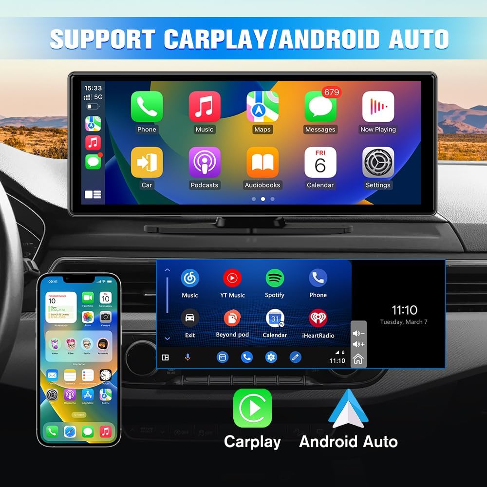 Portable Wireless CarPlay Screen for Car with 4K Dash Cam and 1080P Backup Camera, Car Stereo with 10.26”IPS Touch Screen, Support Carplay/Android Auto/GPS/Bluetooth/Mirror Link/AirPlay