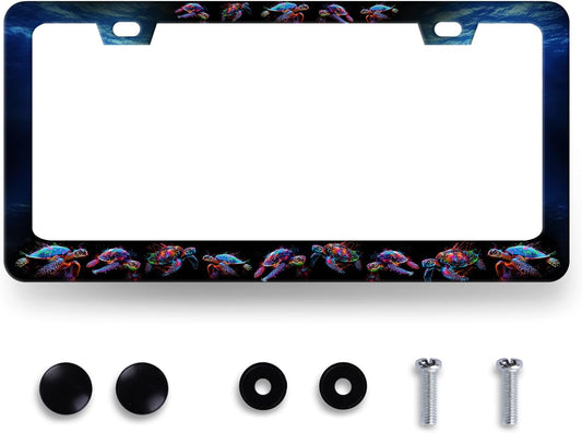 Sea Turtle License Plate Frame Blue Turtles License Plate Stainless Steel Ocean Animals Funny Accessories Cars Decor 12.2 X 6.2 Inch with 2 Holes and Screws Fits Standard Us Ca Vehicles