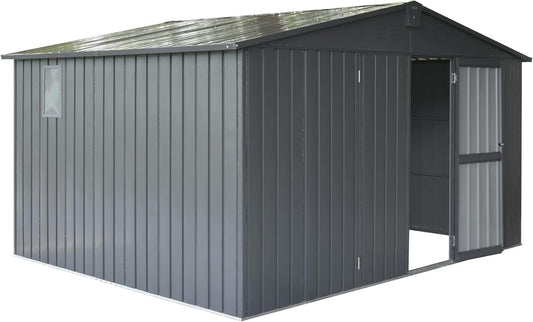 IKERY Large Galvanized Steel Storage Shed 11' x 9' with Windows & Lockable Door - Outdoor Garden & Utility Tool Shed for Backyard, Patio - Dark Gray