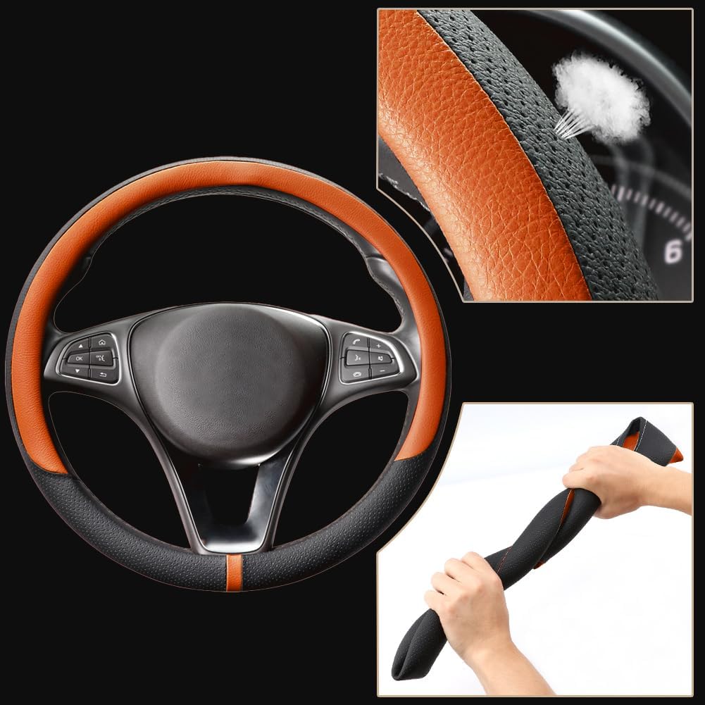COFIT Breathable Car Steering Wheel Cover 15 inch Auto Universal Leather Wrap Non-Slip Steeringwheel Protector Automotive Interior Accessories, Orange (Suit for 14.5-15 inch)