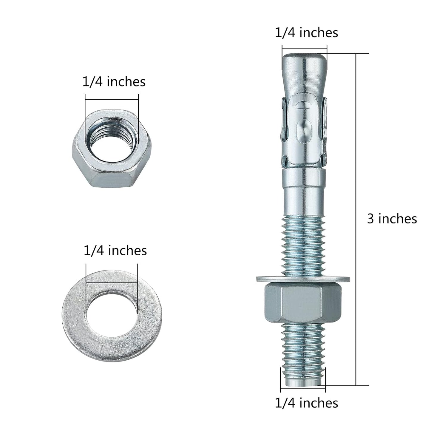 1/4x3 10Pcs Inch Standard Fasteners for Heavy-Duty Zinc Wedge Anchors for Cement and Concrete