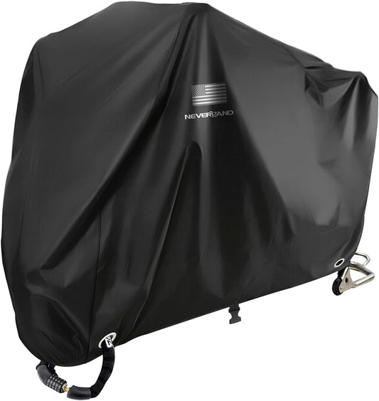 NEVERLAND Motorcycle Cover Waterproof Outdoor - Black Heavy Duty Scooter Cover, Motorbike Cover with Refletive Logo, Lock-Hole, Bandage, Storage Bag-Protect Against Dust, Debris, Rain and Weather(XL)