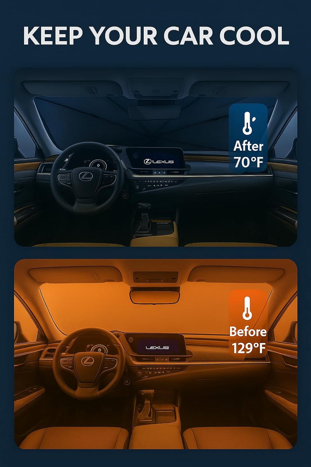 Proadsy Windshield Sun Shade Umbrella for Lexus ES 2019-2025 ES350 ES300h Foldable Car Umbrella Sunshade with Soft TPU Handle Spring Structure Crystal Cooling Material Protect Car from Rays & Heat