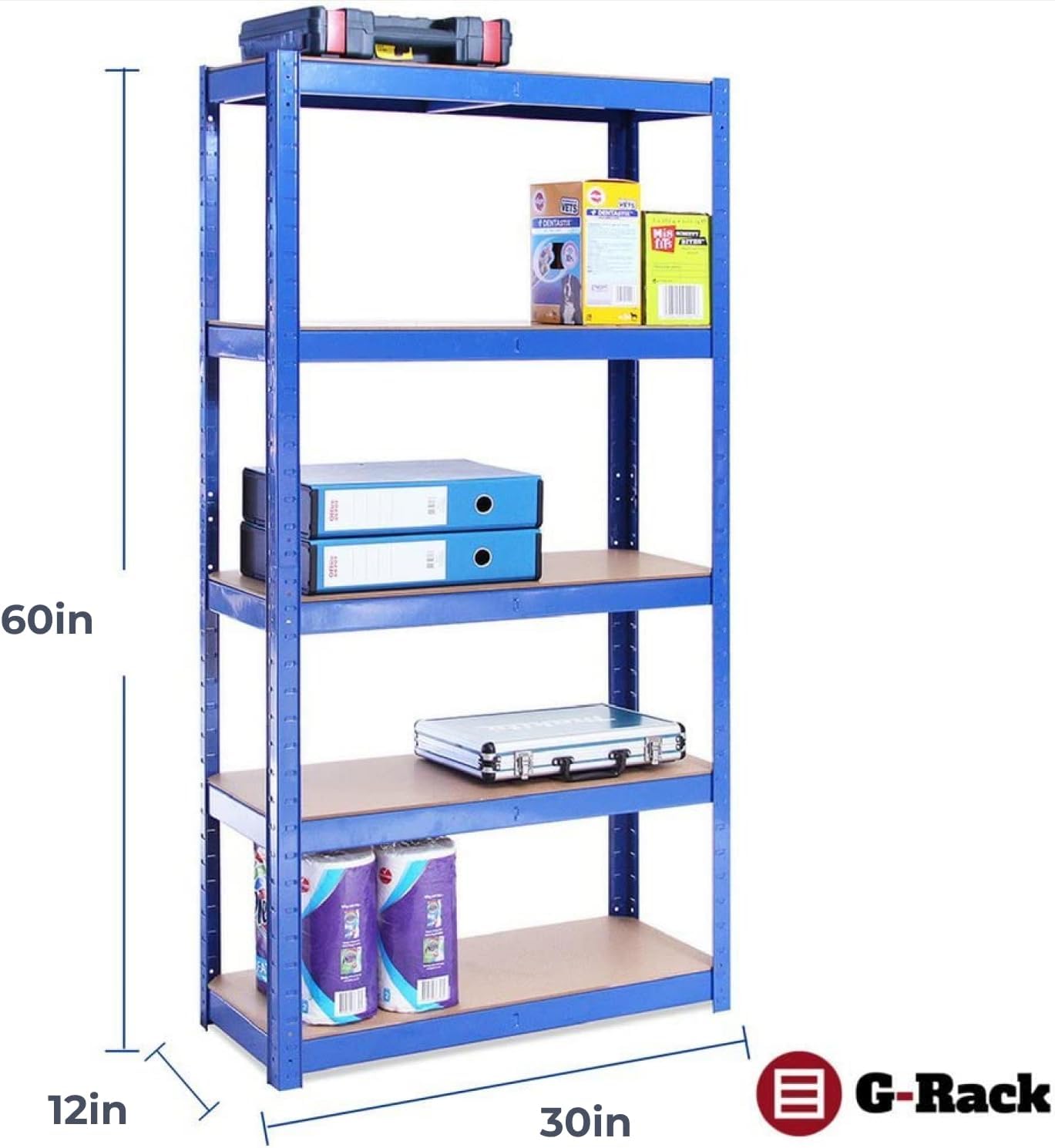 G-Rack | 5 Tier Garage Shelving Units | Metal Shelving Storage | Heavy-Duty Organization Racks | Adjustable Shelves | 2000LB Capacity | Ideal for Workshop, Shed, Office - 59D x 30W x 12H (Blue)