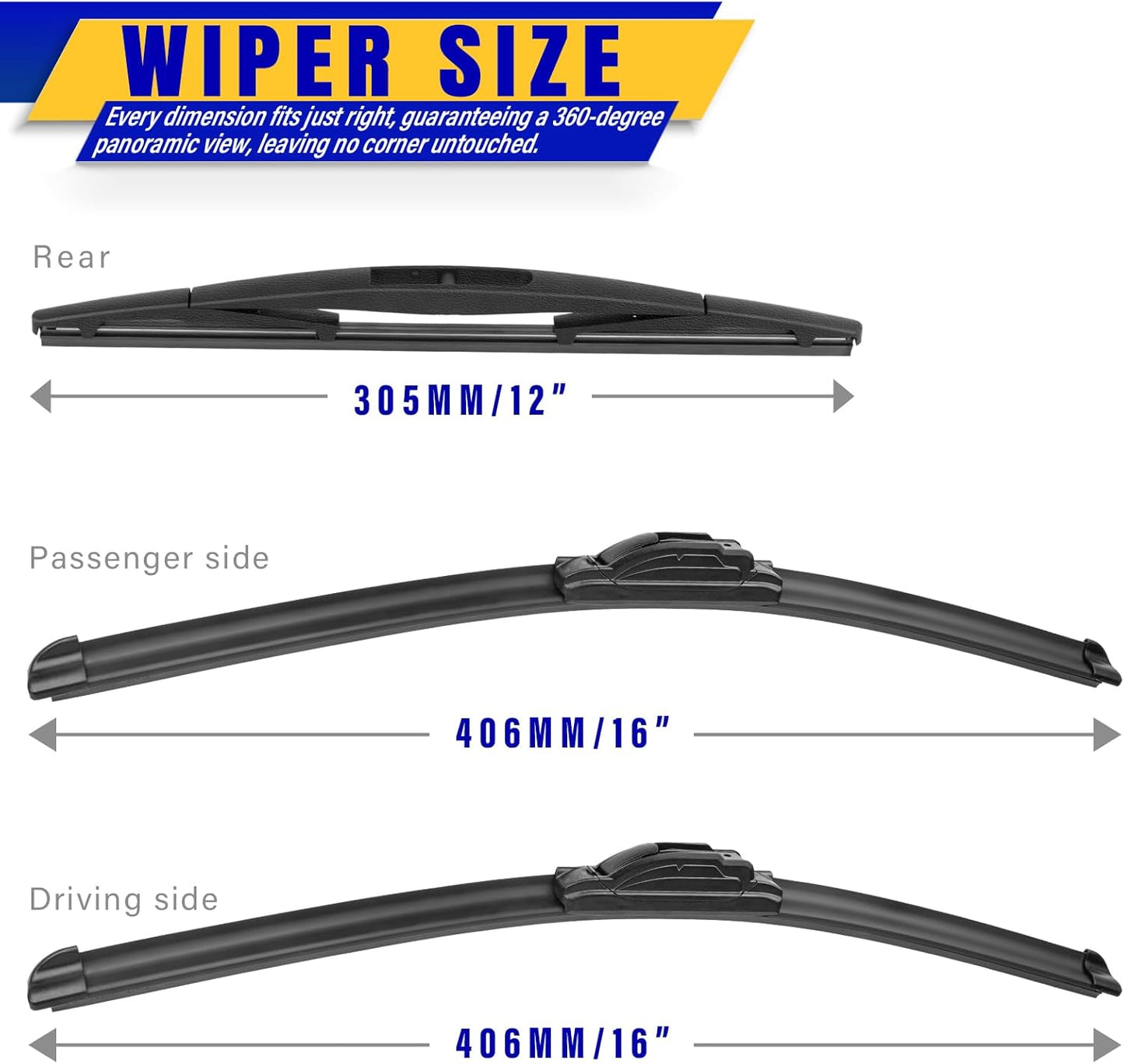 3 wipers Replacement for 2018-2023 Jeep wrangler JL, Windshield Wiper Blades Original Equipment Replacement - 16"/16"/12" (Set of 3) U/J HOOK