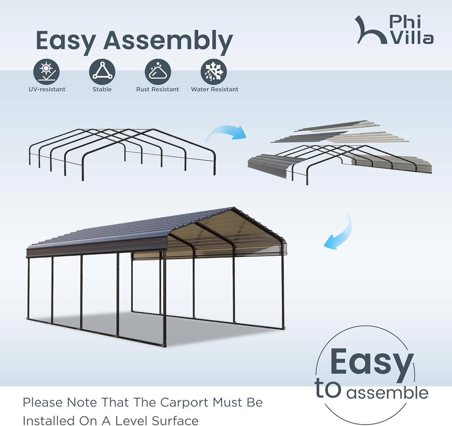 PHI VILLA 12 x 20 ft Carport Metal Carports with Galvanized Steel Roof with Sidewalls Enclosure Kit, Sturdy Heavy Duty Metal Carport for Cars, Boats, and Tractor