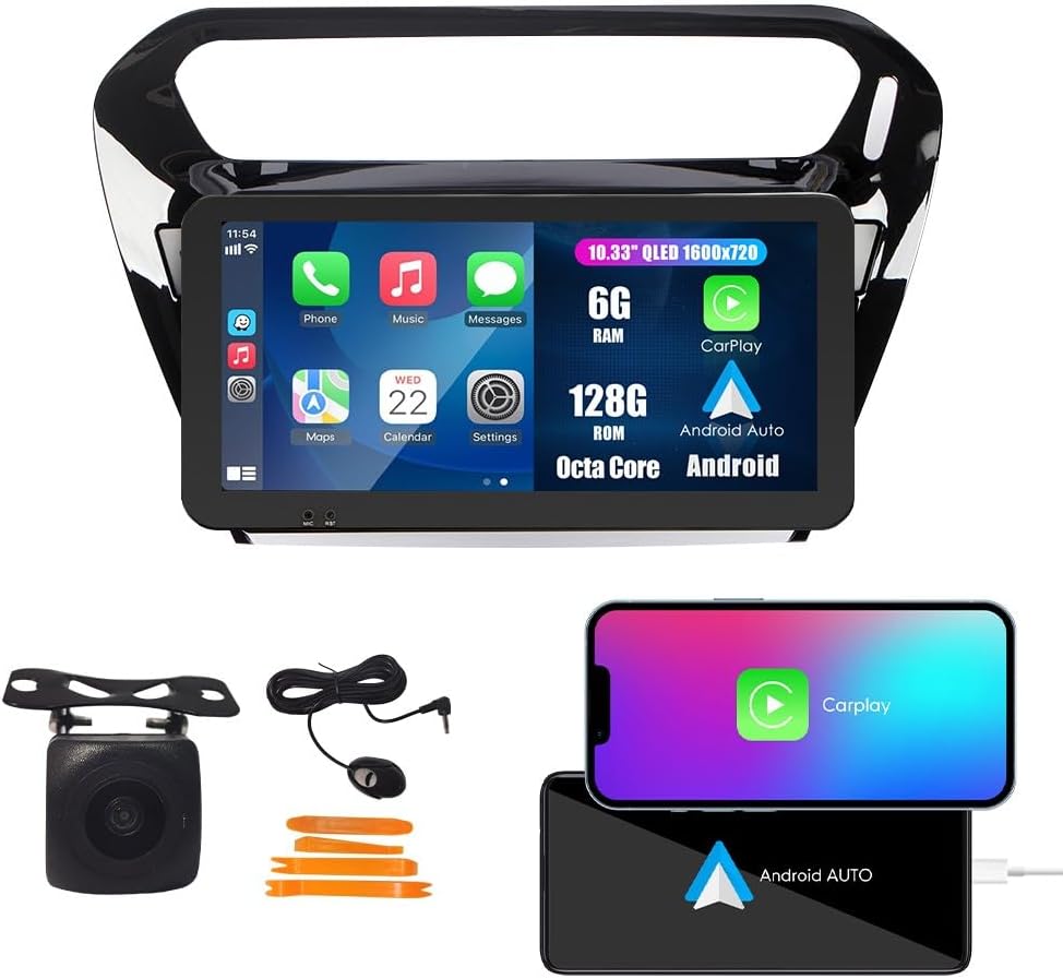 Kunfine Car CarPlay Android Auto Navigation Stereo GPS Radio Camera Display 10.33" QLED Touchscreen Headunit Tablet Media Player for Peugeot 301 2013-2022, if Applicable Octa Core 6G+128G Gloss Black