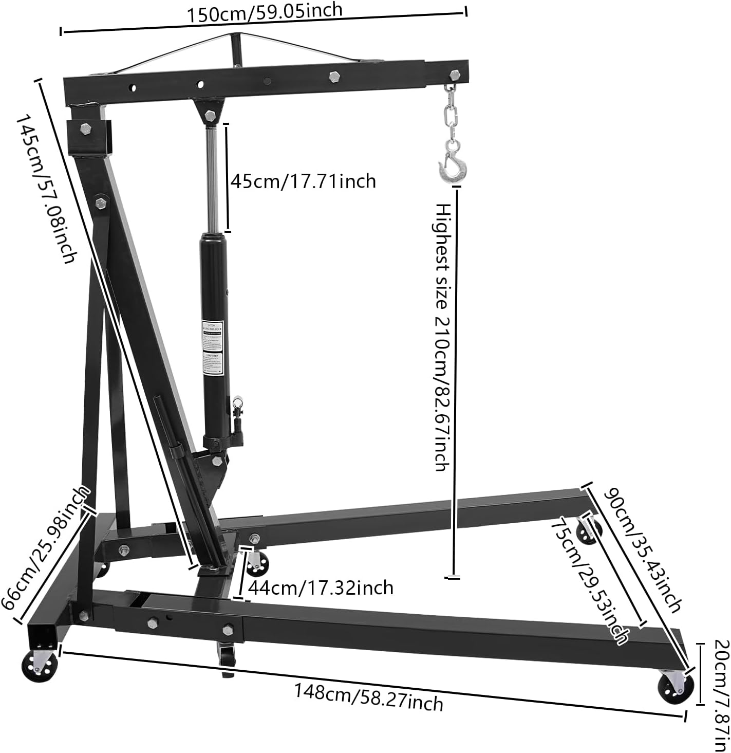 Folding Engine Crane 1 Ton Folding Engine Hoist 2200lbs Hydraulic Crane with 6 Iron Caster Wheels for Garage, Workshop (Black)