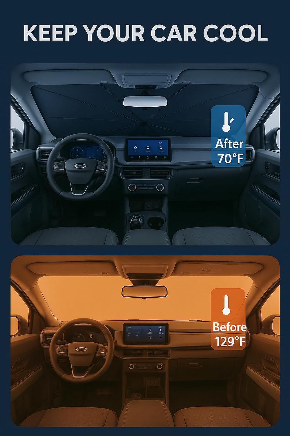 Proadsy Windshield Sun Shade Umbrella for Ford Maverick 2022-2025 2026 Foldable Car Umbrella Sunshade with Soft TPU Handle Spring Structure Crystal Cooling Material Protect Car from Rays & Heat