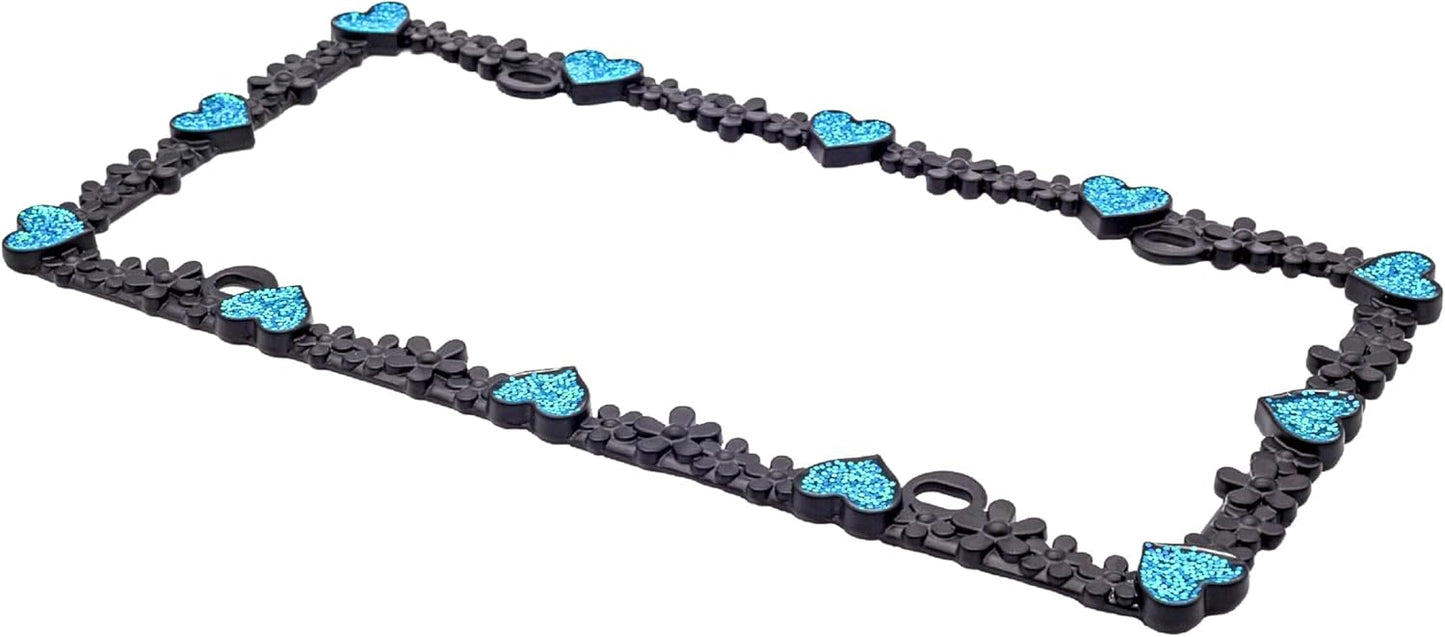 Creathome 3D Shining Daisy Heart License Plate Frame from Pure Zinc Alloy Metal Perfect Plate Holder, Matt Black with Blue Glitter, Luminously Heart