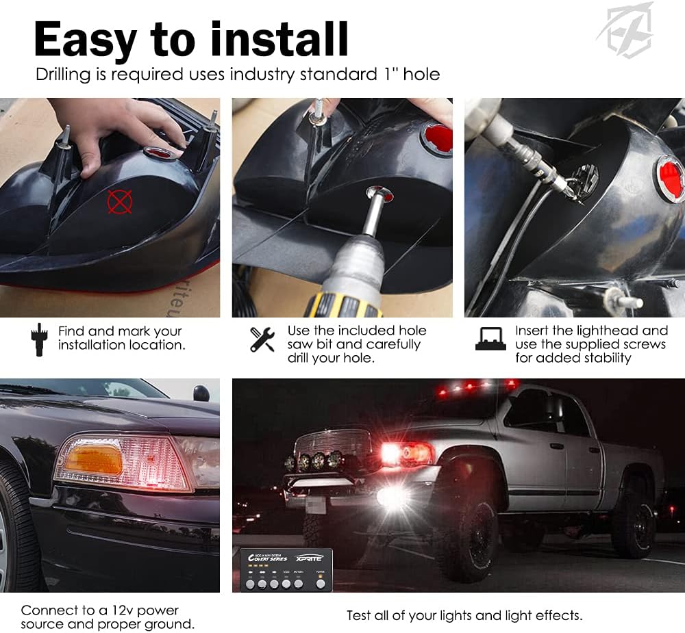 Xprite White Red LED Hideaway Strobe Lights Kit, 20 Flashing Patterns w/Control Panel Headlights Taillights Fog Light Interior Mounting, for Emergency Vehicles Firefighter Cars Trucks SUV 4PCS