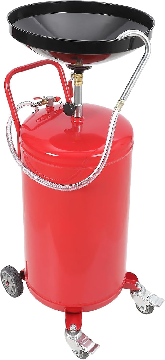 20-Gallon Waste Oil Drain Tank, Air Operated Portable Oil Drainer with Adjustable Funnel Height, Fluid Fuel Transfer Drainage with Wheels, Oil Change Container for Garages, Auto Repair Shops