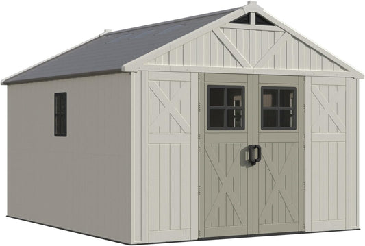 Patiowell 10x12 FT Outdoor Storage Shed with Floor and Lockable Door, All Weather Plastic Shed Garden Shed with Skylight and Multiple Windows for Backyard, Patio, Lawn, Beige