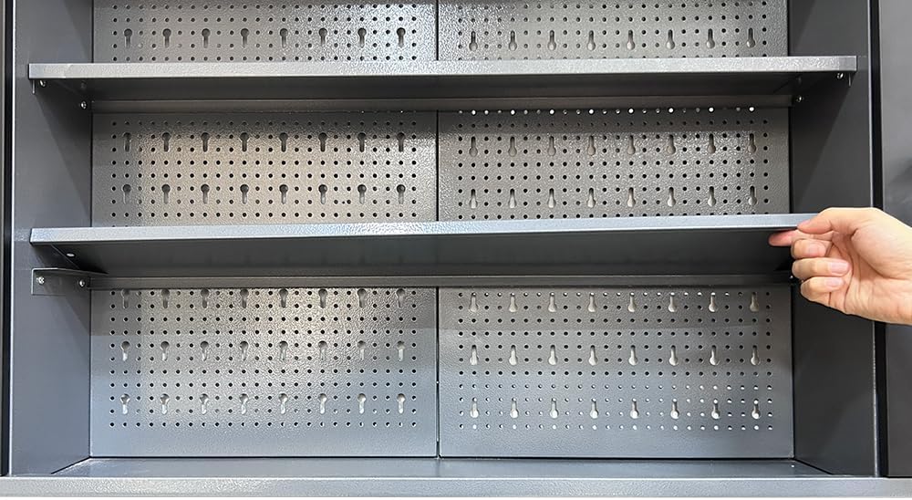 JZD Metal Storage Organization System, Wall Mount Tool Cabinet, Wood Tabletop, for Garage Workshop Utility Room