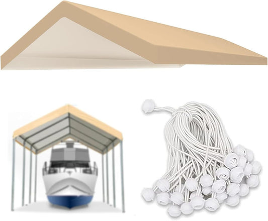 Carport Replacement Canopy Cover for Car Tent Top Garage Shelter Cover Tarp with Ball Bungees (Only Top Cover, Frame Not Include) (Beige 10’ x 20‘)