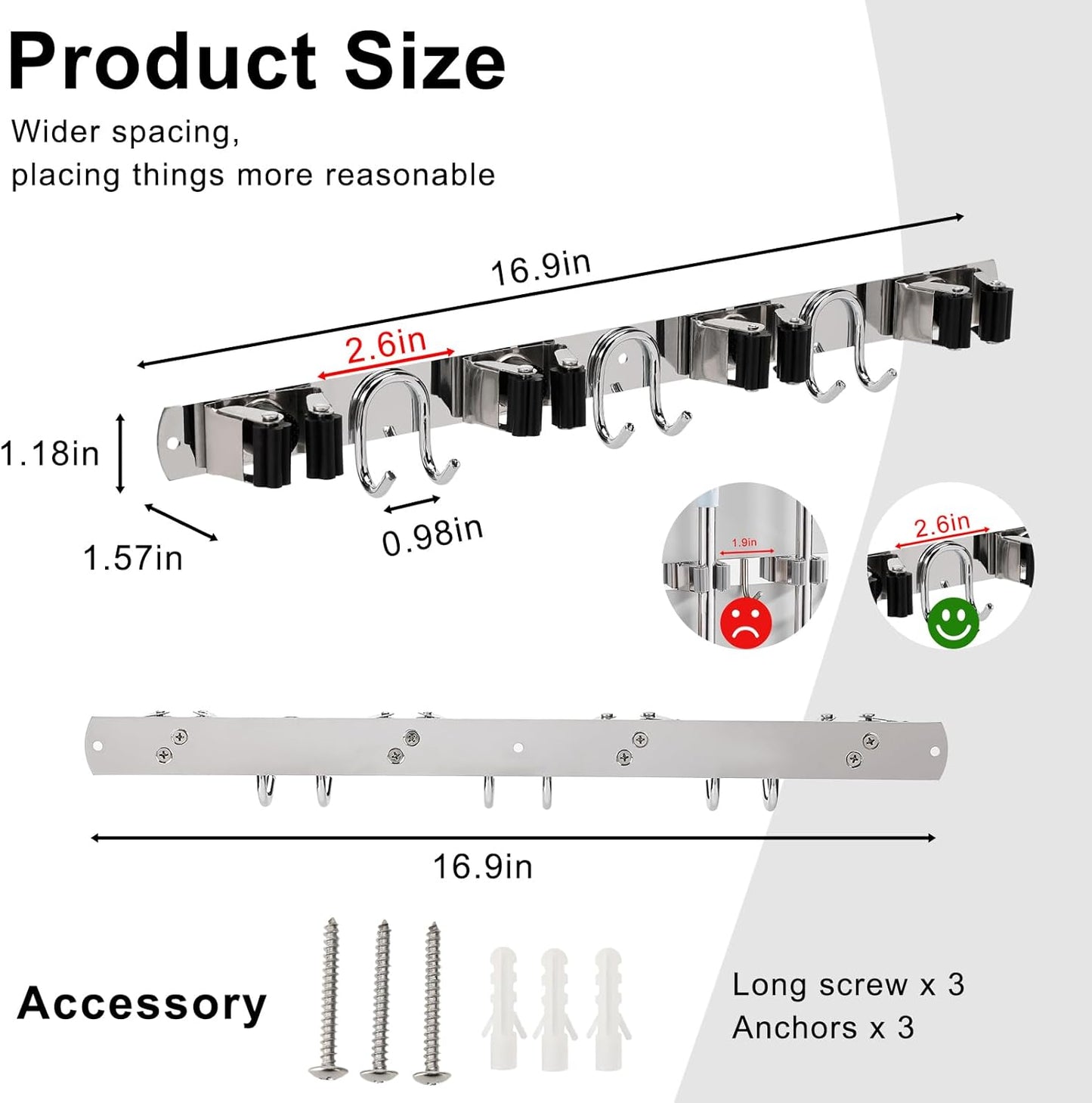 Mop Broom Holder Wall Mount, Silver Stainless Steel Tool Storage Organizer for Kitchen Garden Garage Laundry Room Bathroom and RV with 4 Slots 6 Hooks