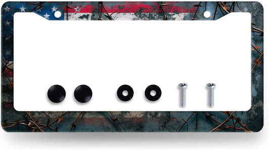 American Flag License Plate Frame Patriotic USA License Plate Holder Stainless Steel Funny Design with 2 Holes and Screws 12.3" x 6.3"