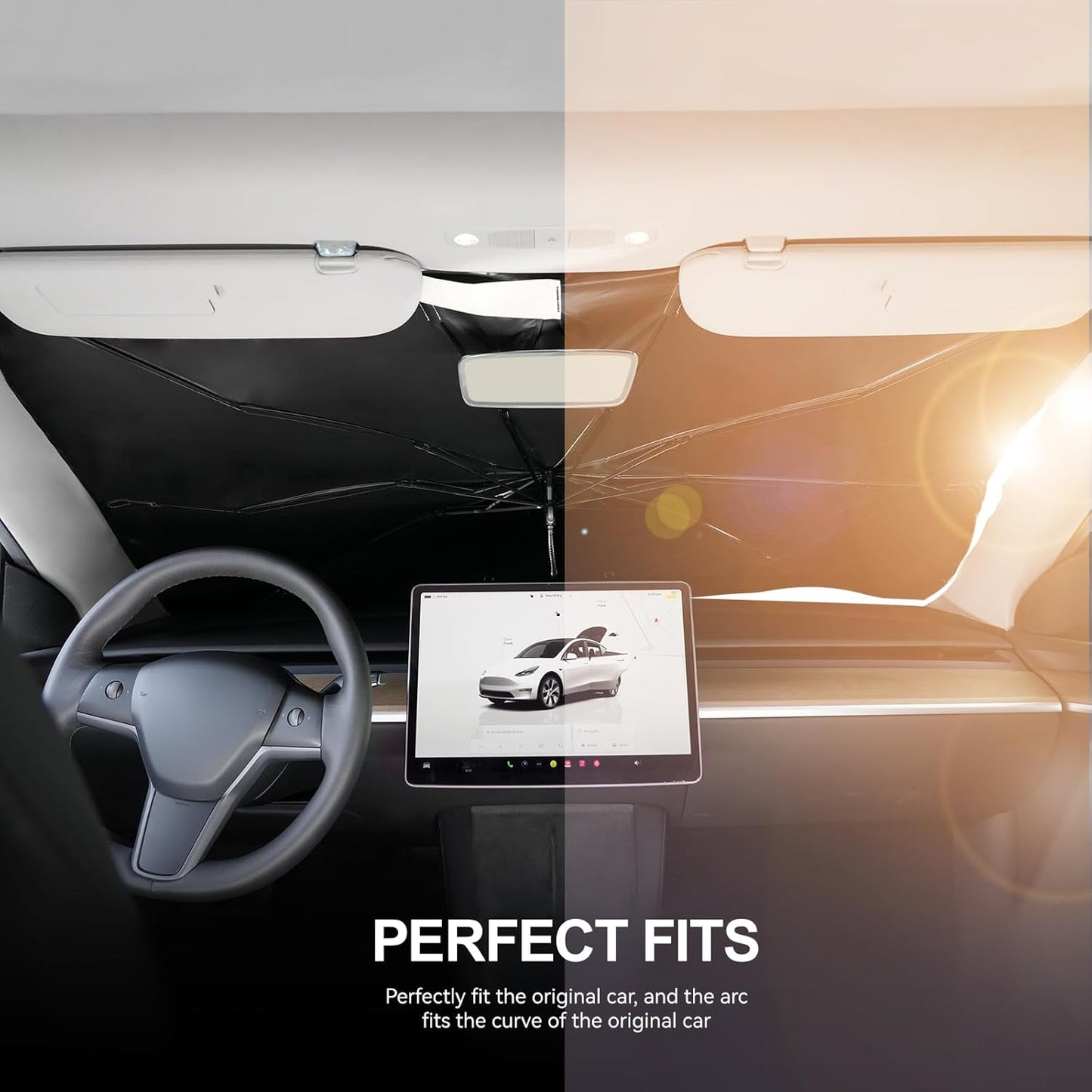 2017-2026 Upgraded for Tesla Model Y 3 S Sunshade, Portable Foldable Sunshade Accessories, [Nano Ice Crystals Coating] UV Protection, Keeps Interior Cool (for 2017-2026 Tesla Model 3/Y/S)