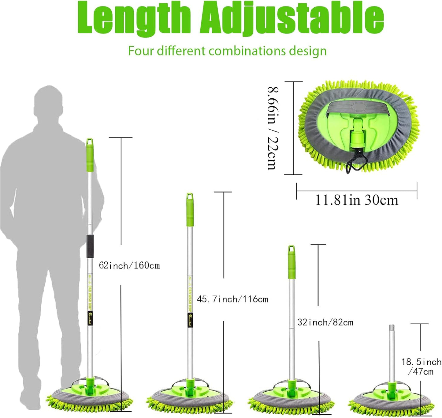 62" Car Wash Brush Mop Kit with Long Handle, 2 in 1 Chenille Microfiber Sponge Mitt Cleaning Detailing Duster for Washing Cars Truck SUV RV Caravans and Household(2 x Mop Head)