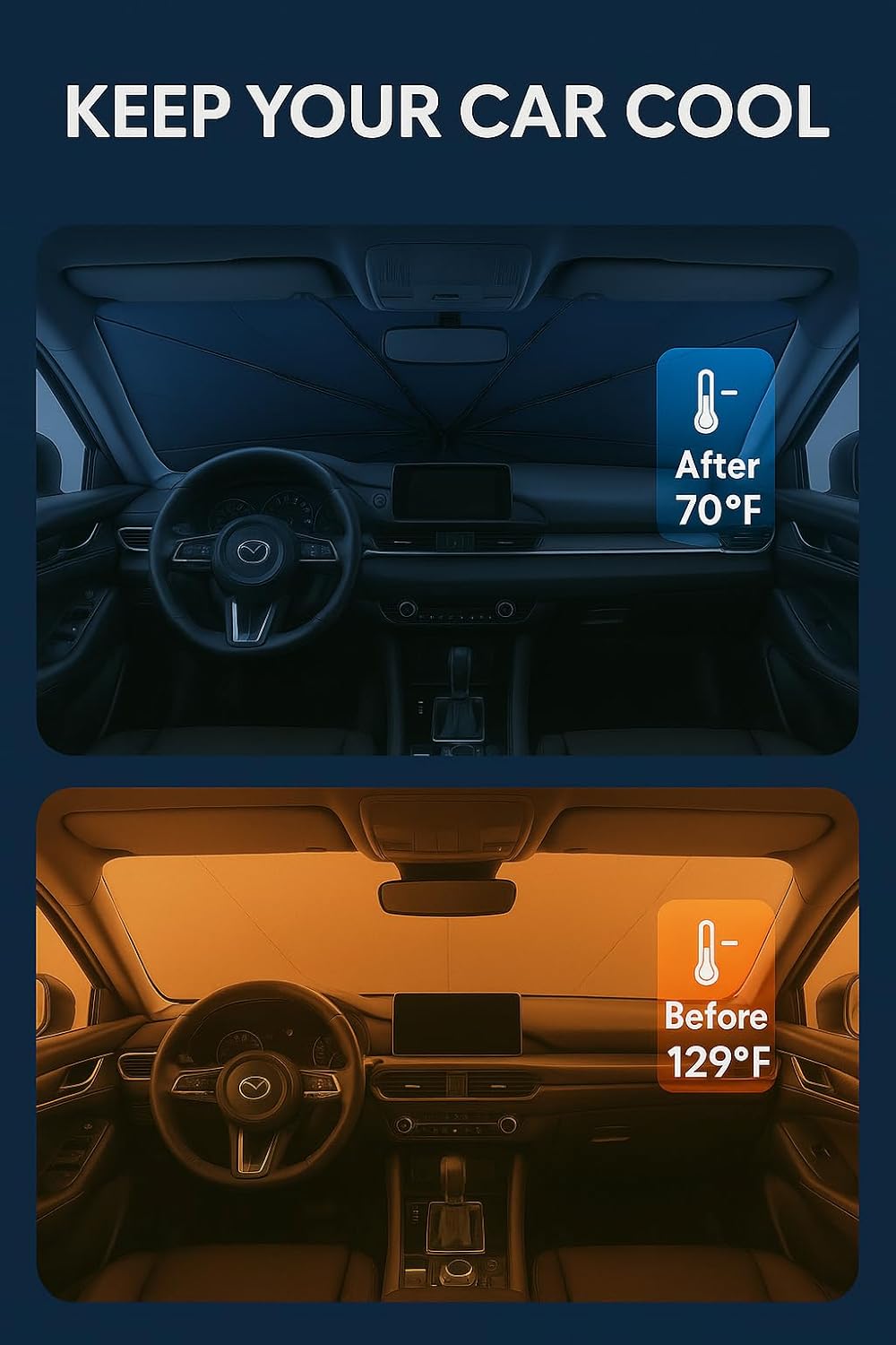 Proadsy Windshield Sun Shade Umbrella for Mazda CX-5 2017-2025 Foldable Car Umbrella Sunshade with Soft TPU Handle Spring Structure Crystal Cooling Material Protect Car from Rays & Heat