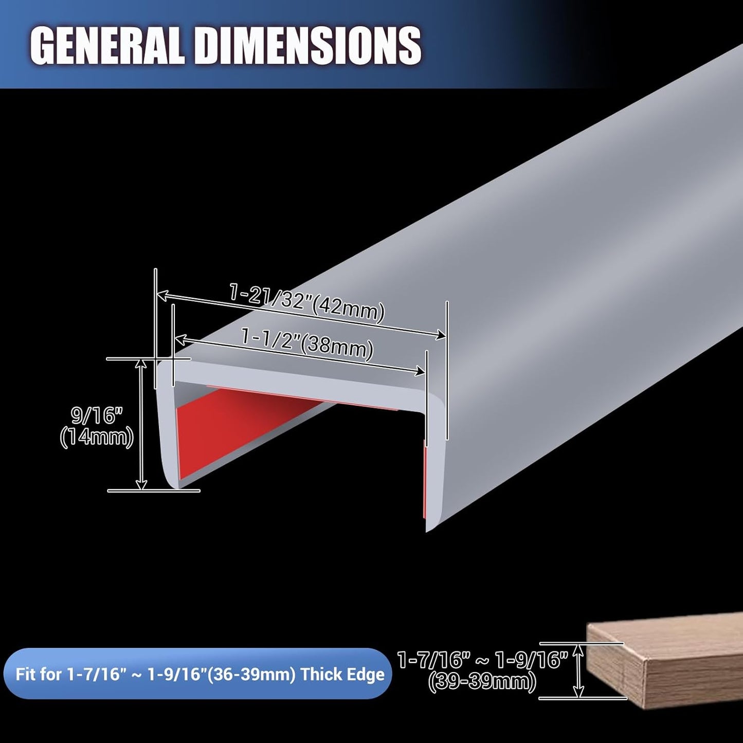 Rubber Edge Trim, Flexible Self Adhesive U Shaped Peel and Stick Edge Banding, 1-1/2"(38mm) U Channel Edge Protector, Edge Guards for Woods, Furniture, 20Ft, Grey Color
