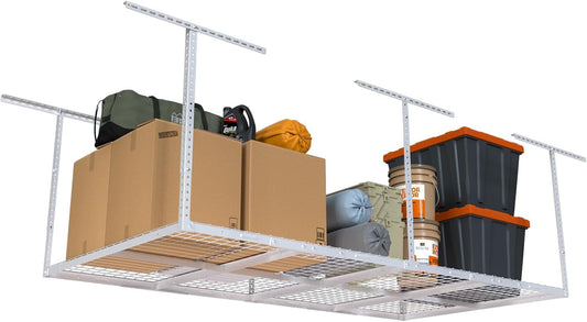 4ftx8ft Overhead Garage Storage Rack, Heavy-Duty Metal Garage Ceiling Storage Rack, 22''-40" Adjustable Ceiling Drop-Down, 600 lb. Loading Weight Capacity, White