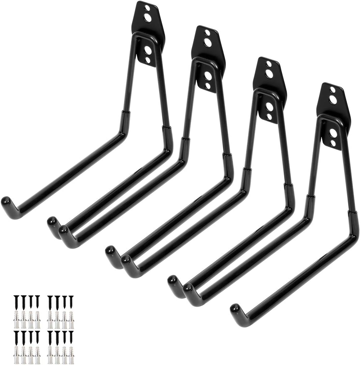 Wall Mount Heavy Duty Double Utility Tools Hooks with Anti-Slip Coating for Garage Storage Organizer Shovels Chair Hose, Pack of 4