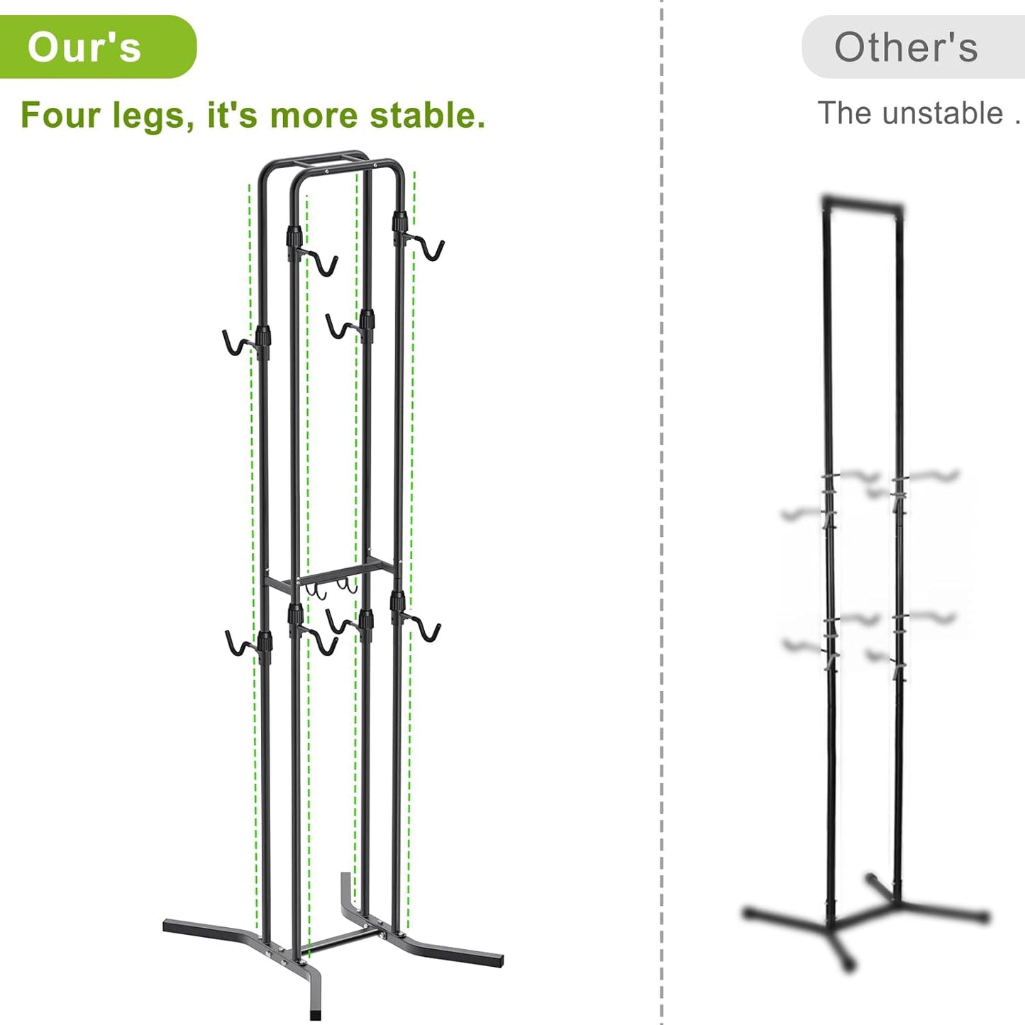 Dolibest 4-Legged Bike Racks Stands with Flexible Hooks, Heavy-Duty Floor Standing Bicycle Rack for Up to 4 Bikes, with 8 Adjustable Height and Angle Hooks, Easy to Install for Any Style Bicycle