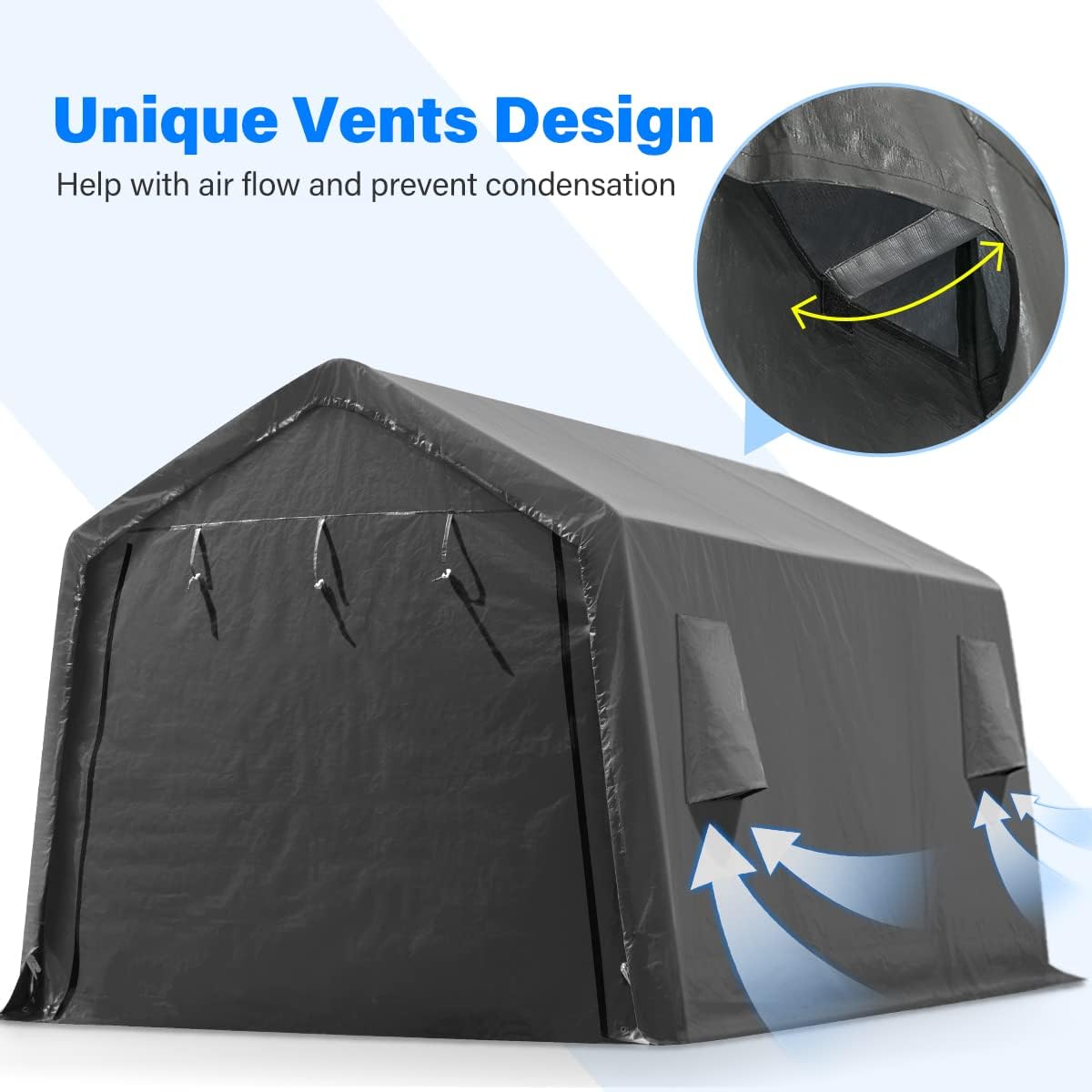 ADVANCE OUTDOOR 10x15 ft Shelter Storage Shed Steel Metal Peak Roof Portable Garage Carport for Motorcycle, Boat or Garden Tools with 2 Roll up Doors & Vents, Gray