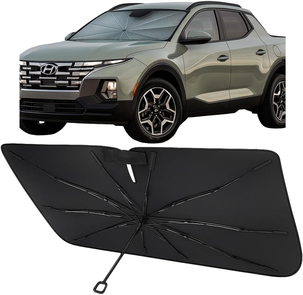 Proadsy Windshield Sun Shade Umbrella for Hyundai Santa Cruz 2022-2025 2026 Foldable Car Umbrella Sunshade with Soft TPU Handle Spring Structure Crystal Cooling Material Protect Car from Rays & Heat
