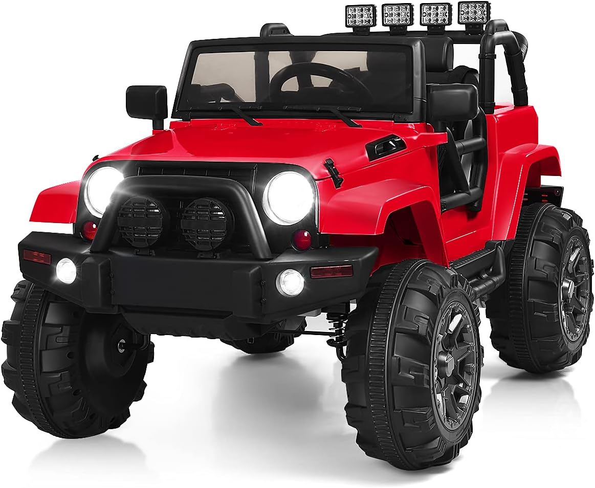 Costzon Ride On Car, 12V Battery Powered Electric Ride On Truck w/Parental Remote Control, LED Lights, Double Open Doors, Safety Belt, Music, MP3 Player, Spring Suspension (Red)