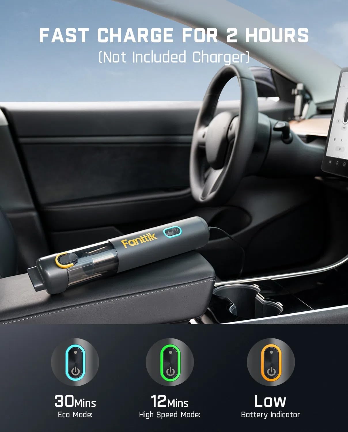 Fanttik Slim V8 Mate Cordless Car Vacuum Suction Power 12000Pa, Portable Mini Vacuum with Flexible Hose and Pet Brush, Type-C Charge, Portable for Car, Office Desk, Keyboards, Gray