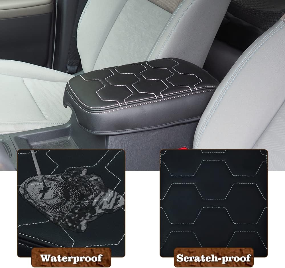 Muslogy for Frontier Center Console Pad Armrest Box Cover Vegan Leather Soft Accessories Armrest Lid Protector Compatible with Nissan Frontier 2022-2024 2025 (Regular Thick, V1 White Stitching)