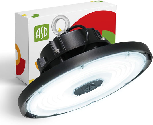 ASD LED High Bay UFO Light Fixture, Commercial Shop Lighting | Dimmable, IP69K Waterproof, DLC Premium, UL Listed | 150W 22000LM 5000K 277-480V | Warehouse, Garage, Workshop, Barn Lamp | Black, 6 Pack