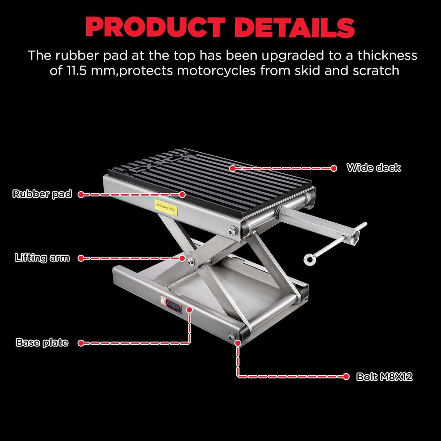 CXRCY 1200 LBS Motorcycle Lift Scissor Jack Stainless Steel Finish Upgraded Dirt Bike ATV Steel Motorcycle Hoist Stand with Ratchet Wrench,Crank Handle,Thickened Rubber Pad,Wide Deck